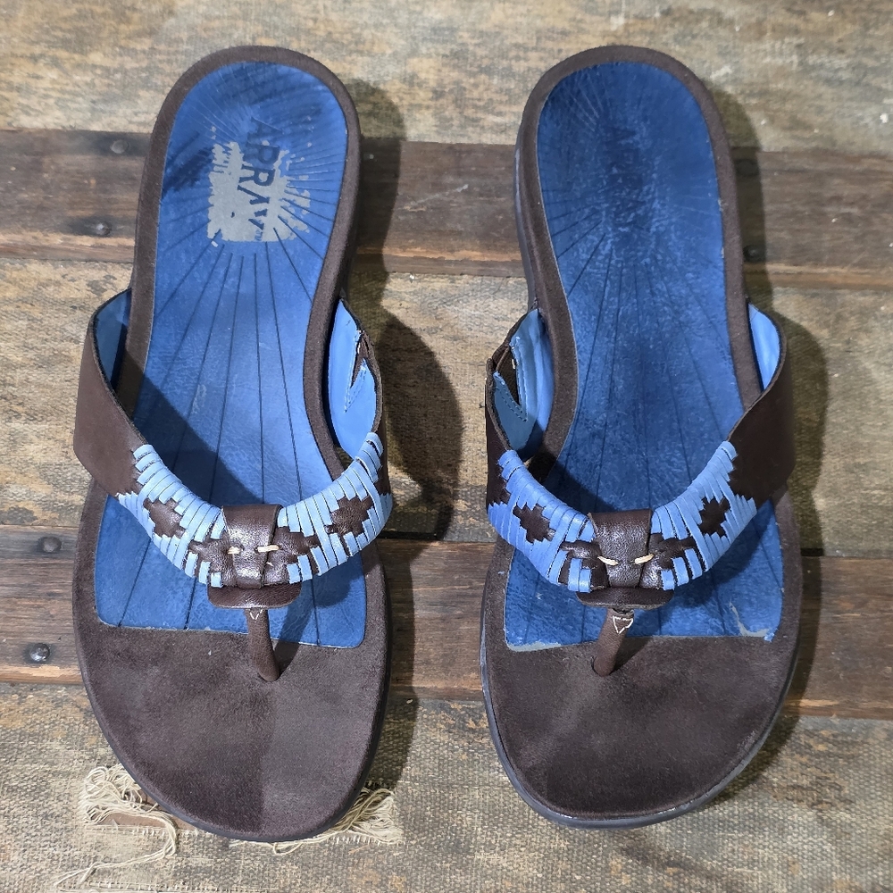 Array Brown/Blue Aztec Classic Southwestern Leather Stylish Thongs/Flip Flops